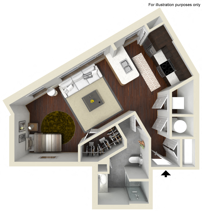 Floor plan for studio, 1 bath, 600 sqft